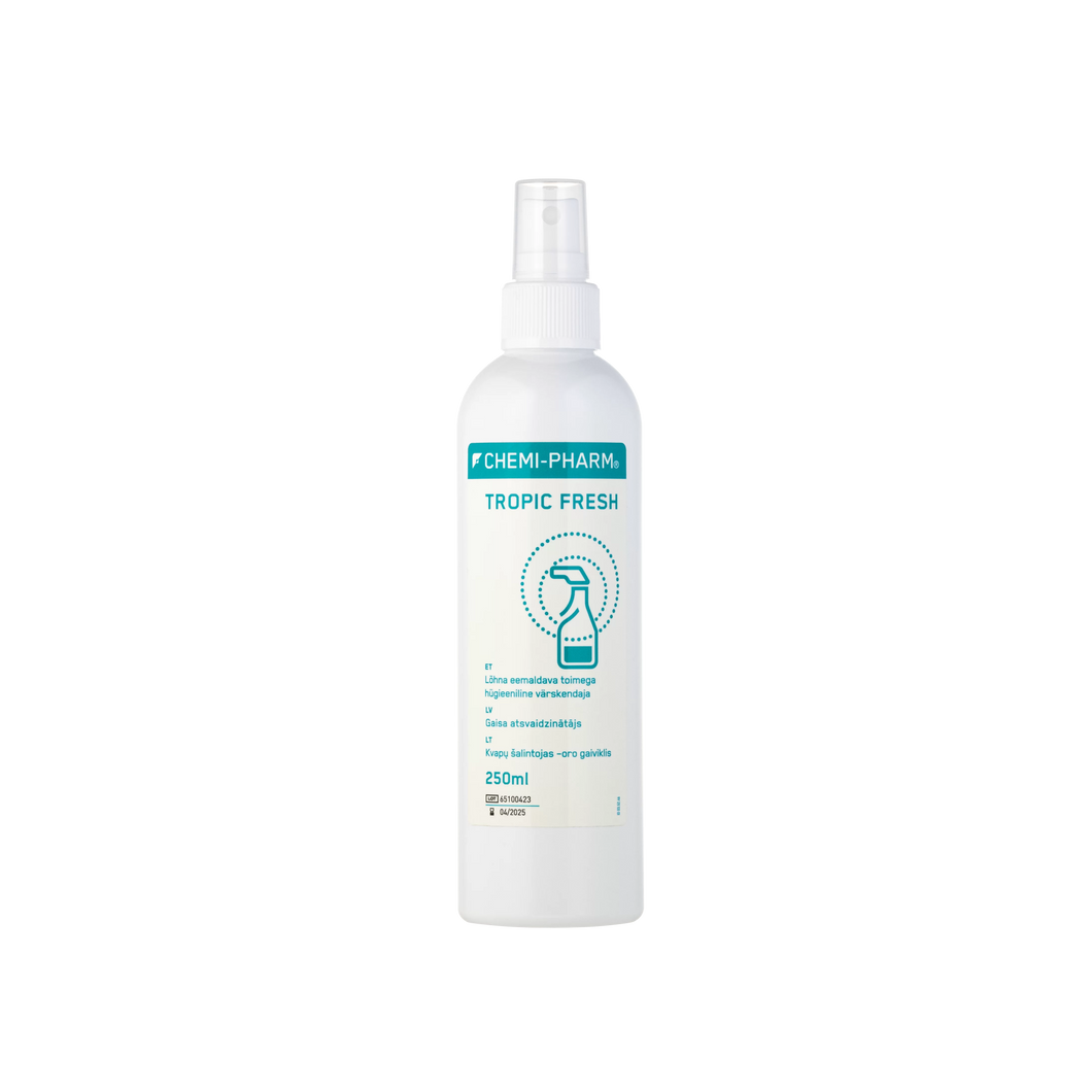 CHEMI-PHARM TROPIC FRESH 250ml pihustiga pudel LÕHNA EEMALDAVA TOIMEGA HÜGIEENILINE VÄRSKENDAJA 250ml